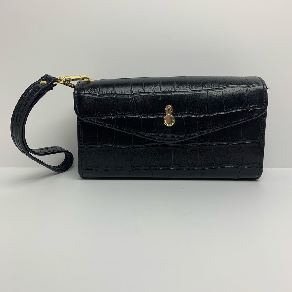 London Fog Black Crocodile Skin Wristlet Clutch